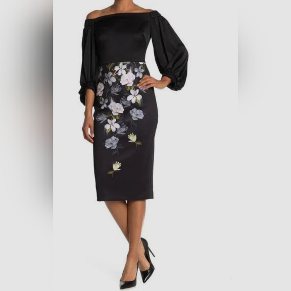Ted Baker Black Off-Shoulder Long Sleeve Floral Pencil Dress